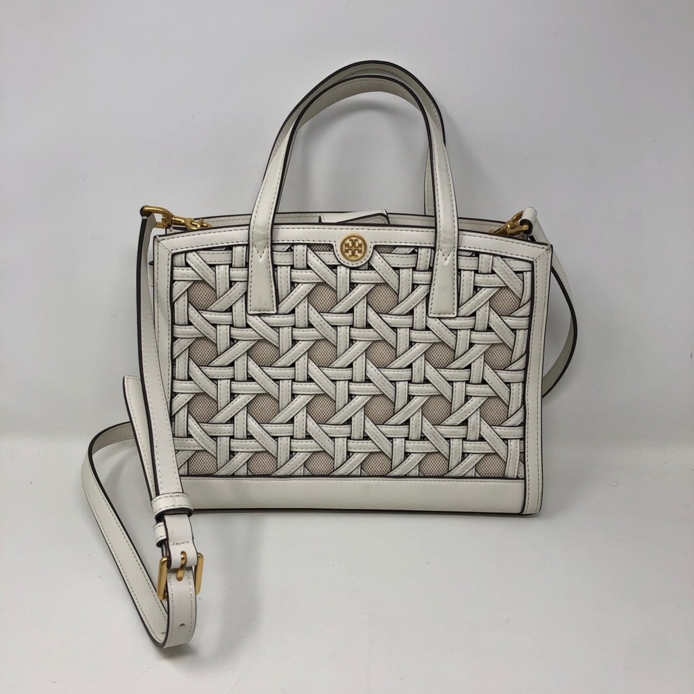 Tory Burch Walker Basket Weave‎ Satchel Women Medium White Leather Gold Hardware